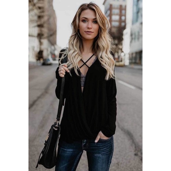 Black Surplice Criss Cross Top - Picture 3 of 6